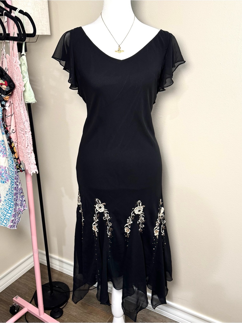 Black Floral Embroidered Beaded Fairy Whimsigoth Y2K Size 14 Women’s Dress